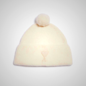 Ami Paris Ami De Coeur Pom Pom Beanie Hat Beige | ami_SE104