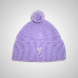 Ami Paris Ami De Coeur Pom Pom Beanie Hat in Purple | ami_SE165
