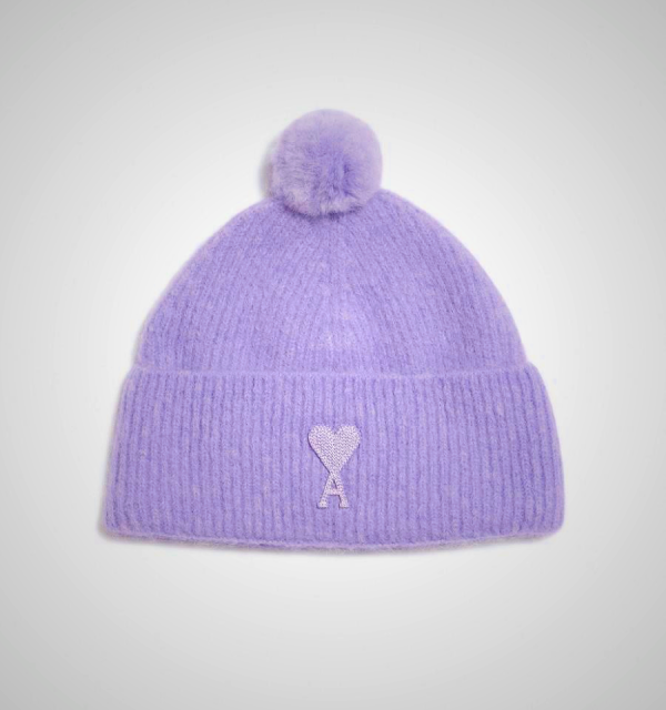 Ami Paris Ami De Coeur Pom Pom Beanie Hat in Purple | ami_SE165